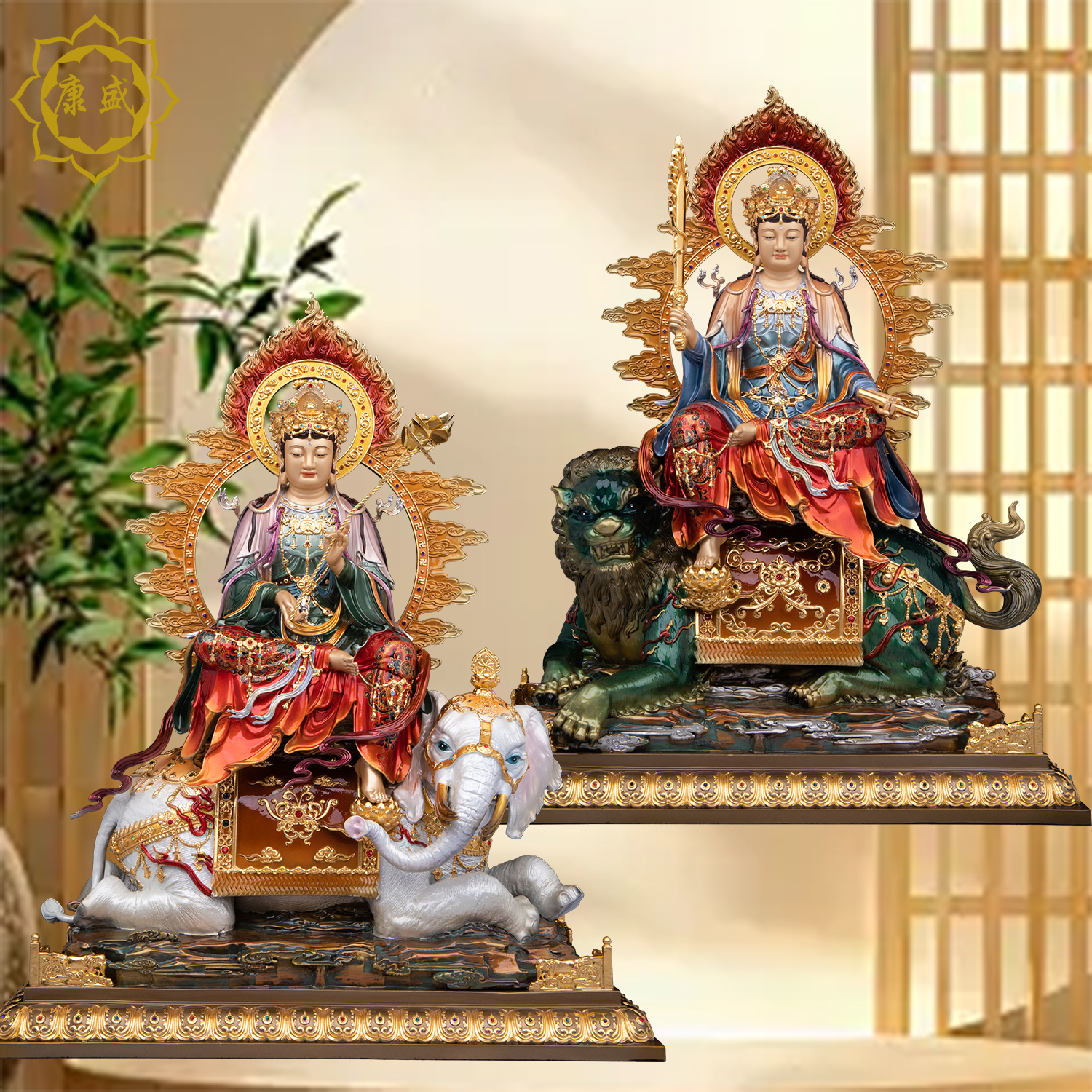 康盛文殊普贤菩萨佛像全铜珐琅彩贴金骑象举剑文殊狮子普贤摆件