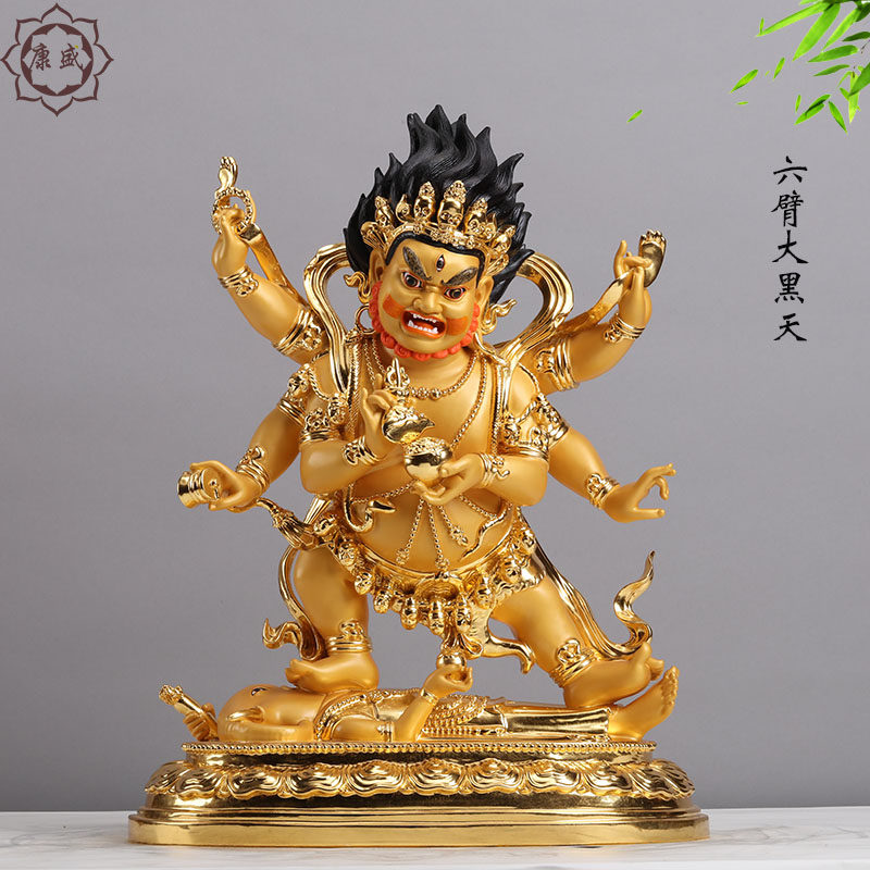 六臂大黑天财神佛像 贴金藏传佛家法六臂玛哈噶拉铜像摆件