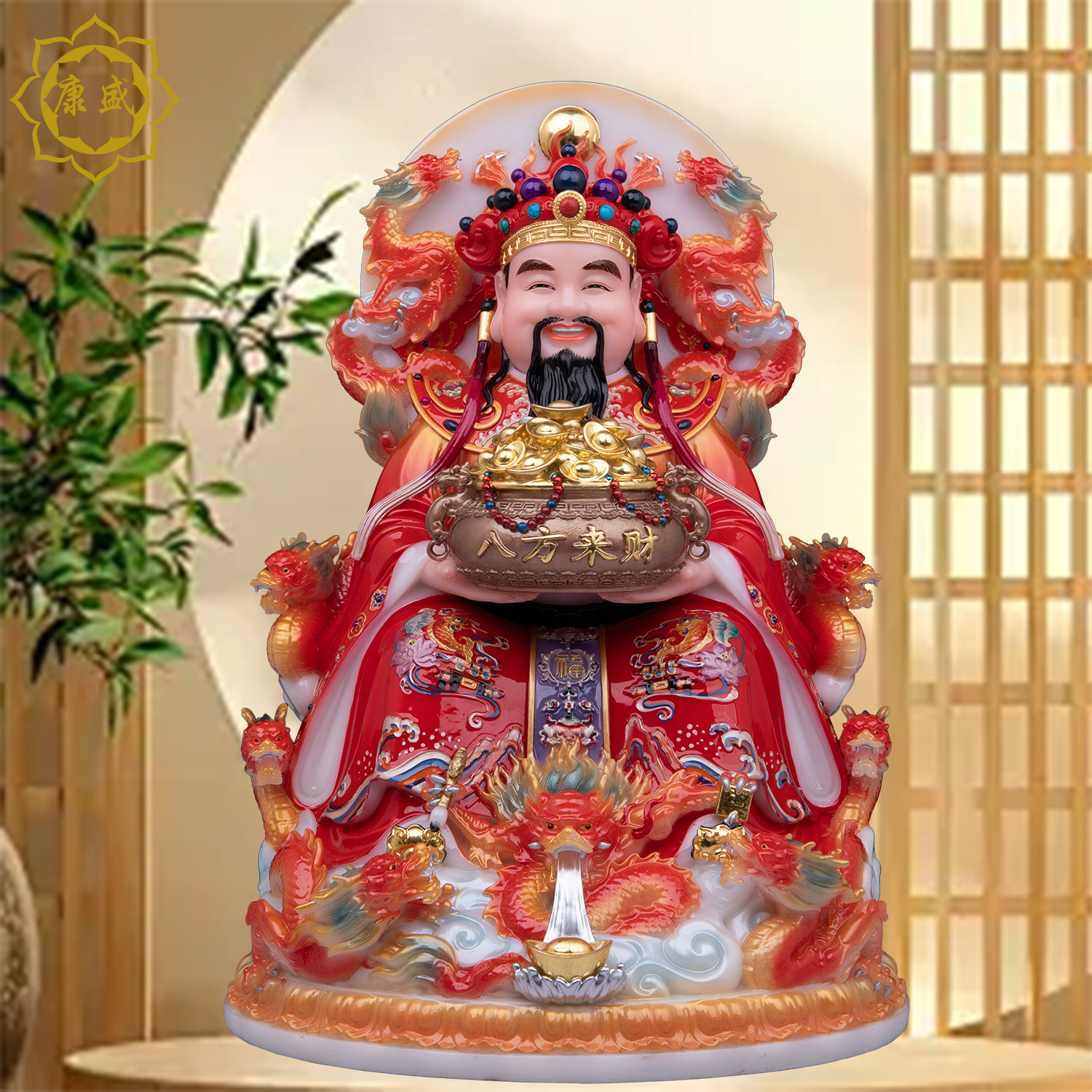 九龙财神爷佛像汉白玉家用供奉彩绘聚宝盆文财神比干范蠡摆件送礼