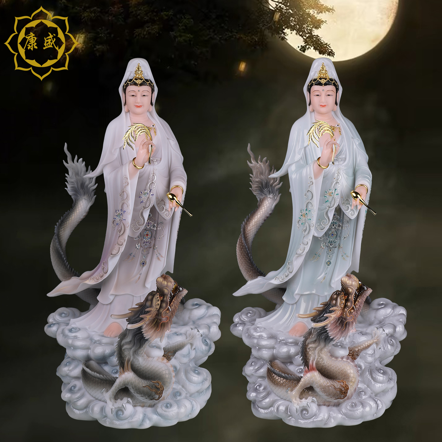 站龙观音汉白玉彩绘南无观世音菩萨居家供奉南海观音娘娘中式摆件