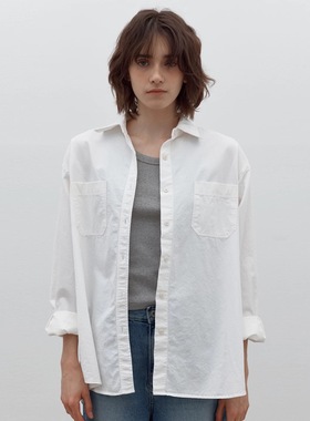 nothing written白色衬衫女25秋冬新款长袖纯棉翻领宽松极简衬衣