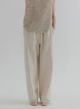 MOIA亚麻休闲裤女24秋季新款韩设计师简约高腰系带轻薄直筒阔腿裤