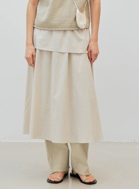 nothing written半身裙女25春夏新款MOIA松紧腰拼接A字高腰中长裙