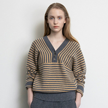 nothing written羊毛针织衫女25冬新款韩moondal条纹V领羊绒毛衣
