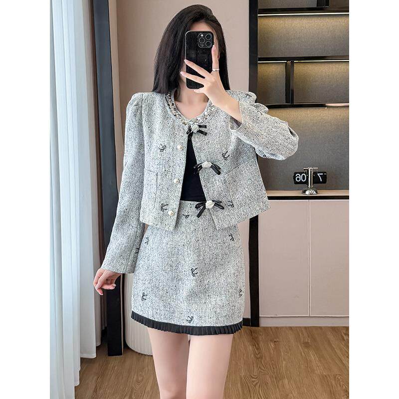 ROUMIKL法式韩系千金高级感穿搭套装裙女秋冬轻奢小香风外套半身