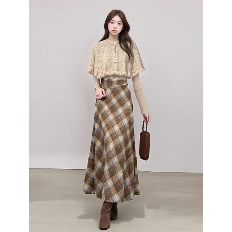 ROUMIKL韩系小香风针织毛衣斗篷套装连衣裙女秋冬法式半裙高级两