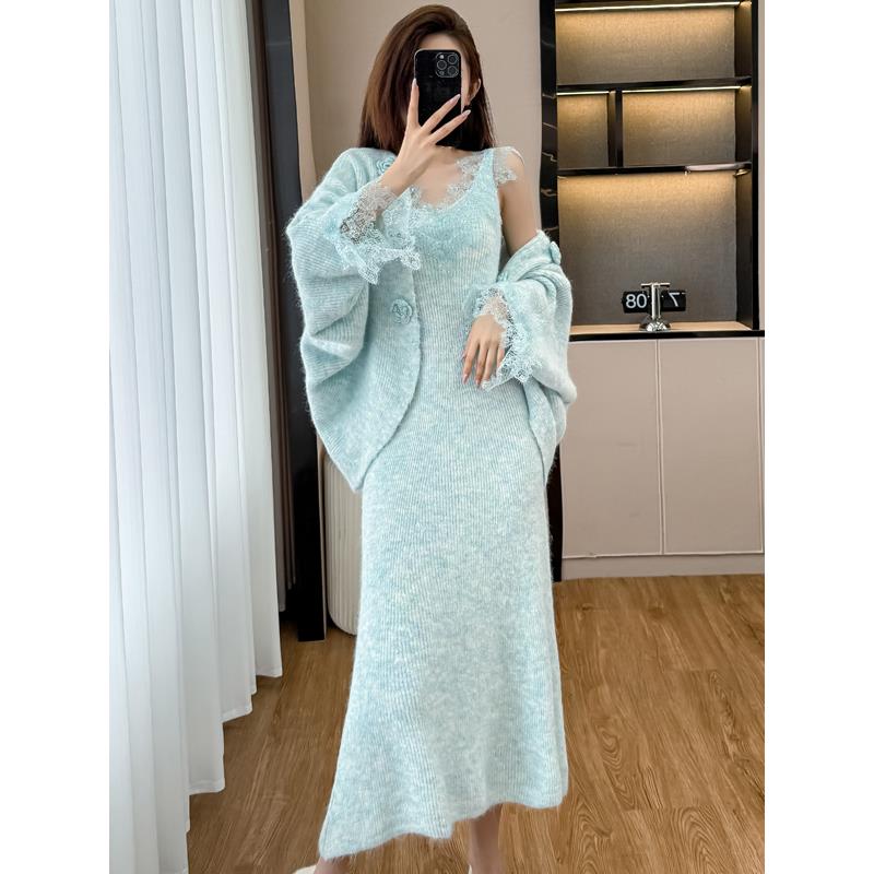 ROUMIKL韩系慵懒风穿搭一整套装裙女秋冬V领针织裙松弛感针织毛衣