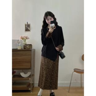 ROUMIKL大码女装法式气质黑色长袖上衣豹纹半身裙两件套早春初秋