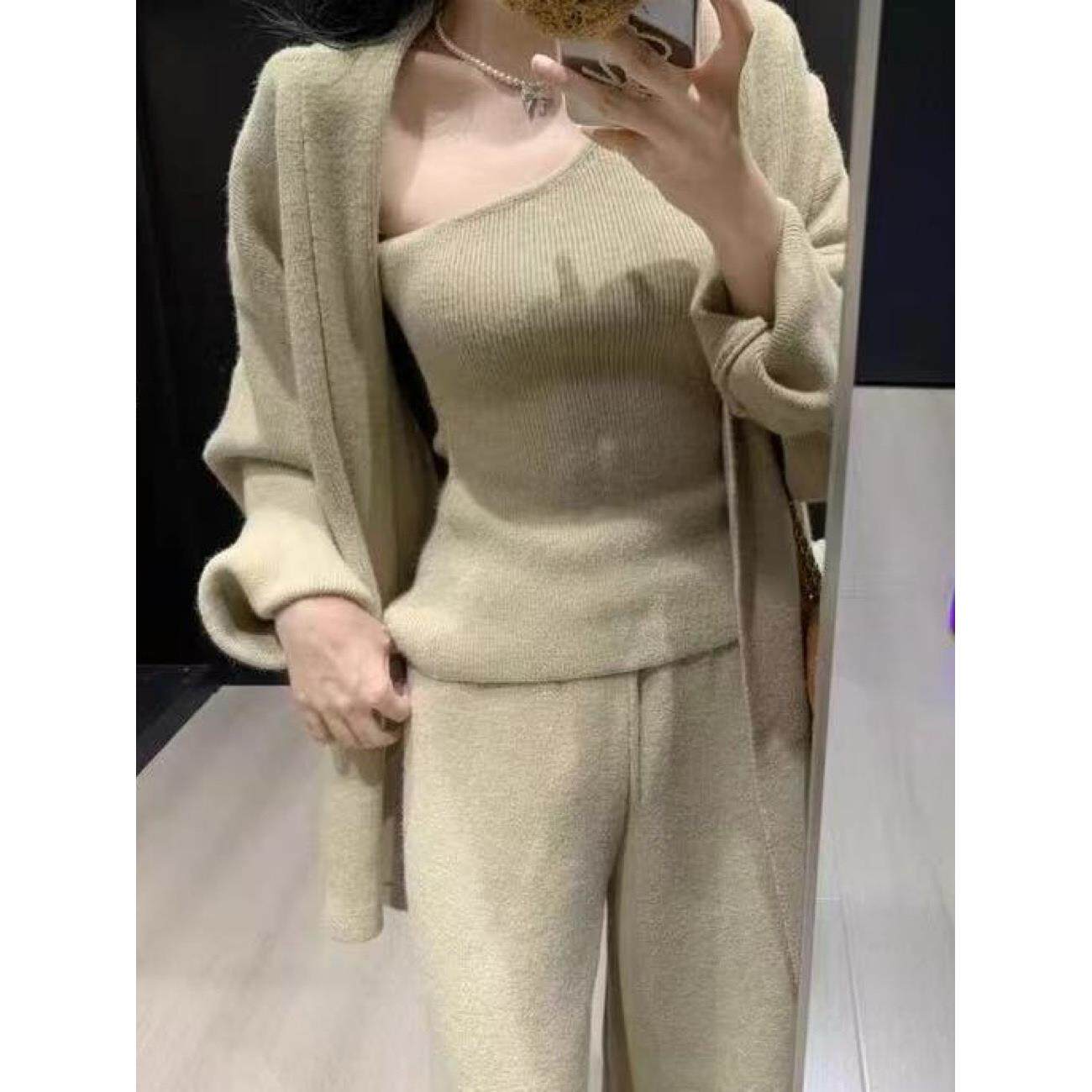 ROUMIKL韩系毛衣套装女秋冬穿搭一整套开衫外套阔腿裤子高级感针