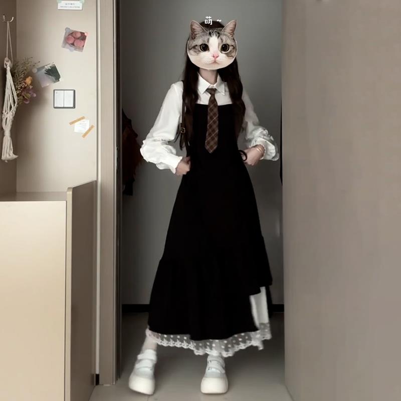 ROUMIKL大码女装韩系黑色长袖连衣裙早春初秋胖mm显瘦穿搭假两件