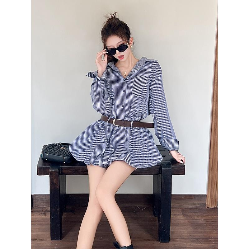 ROUMIKL极简风高级感白色衬衫连衣裙女秋季休闲收腰气质甜美短款