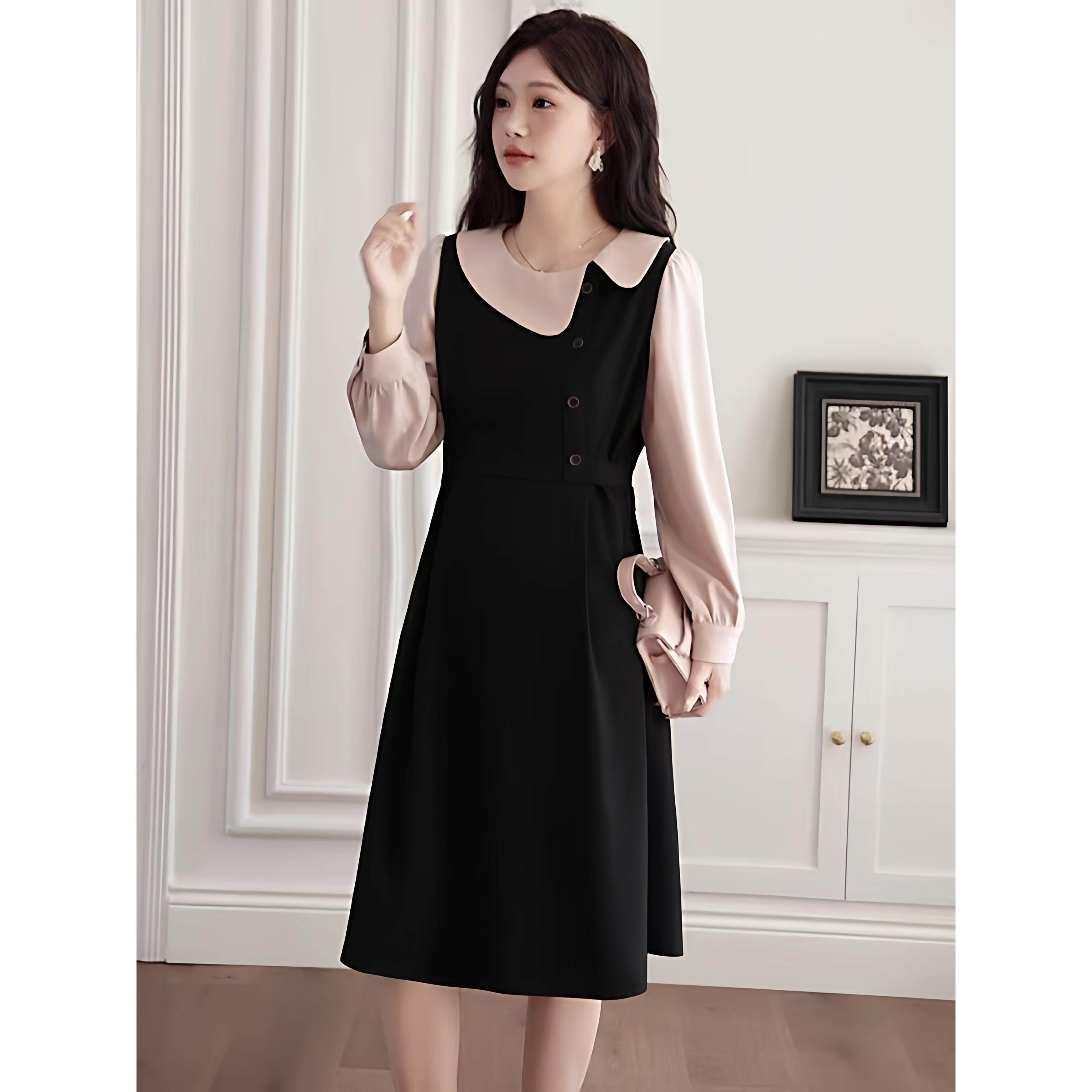 ROUMIKL大码女装法式甜美新款春装长袖连衣裙胖mm收腰显瘦假两件