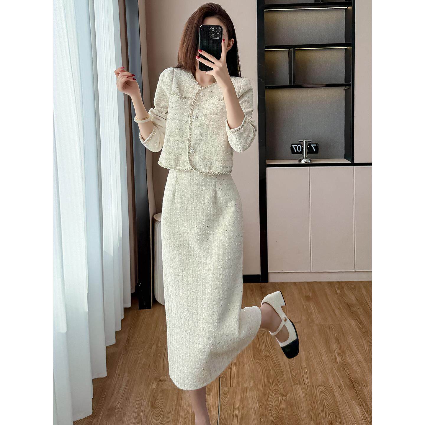 ROUMIKL高级千金名媛感小香风套装裙女秋冬长袖重工白色外套半身