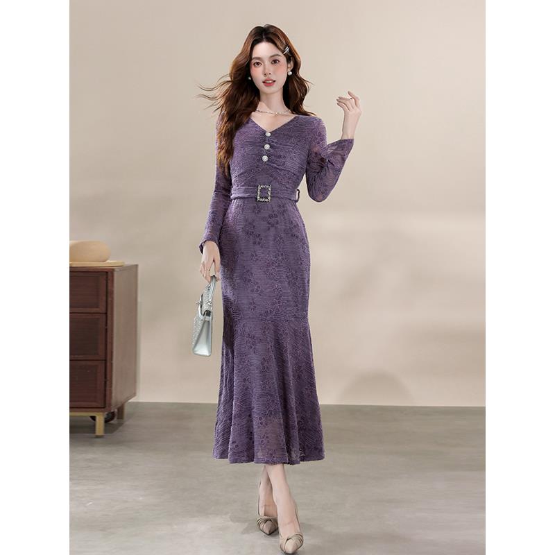 ROUMIKL长袖高级感知性紫色连衣裙女秋冬法式包臀裙修身显瘦鱼尾