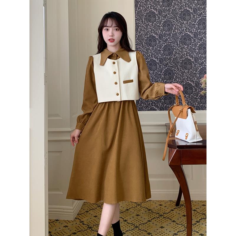 ROUMIKL大码女装法式覆古马甲打底长裙两件套秋装胖mm遮肉显瘦连