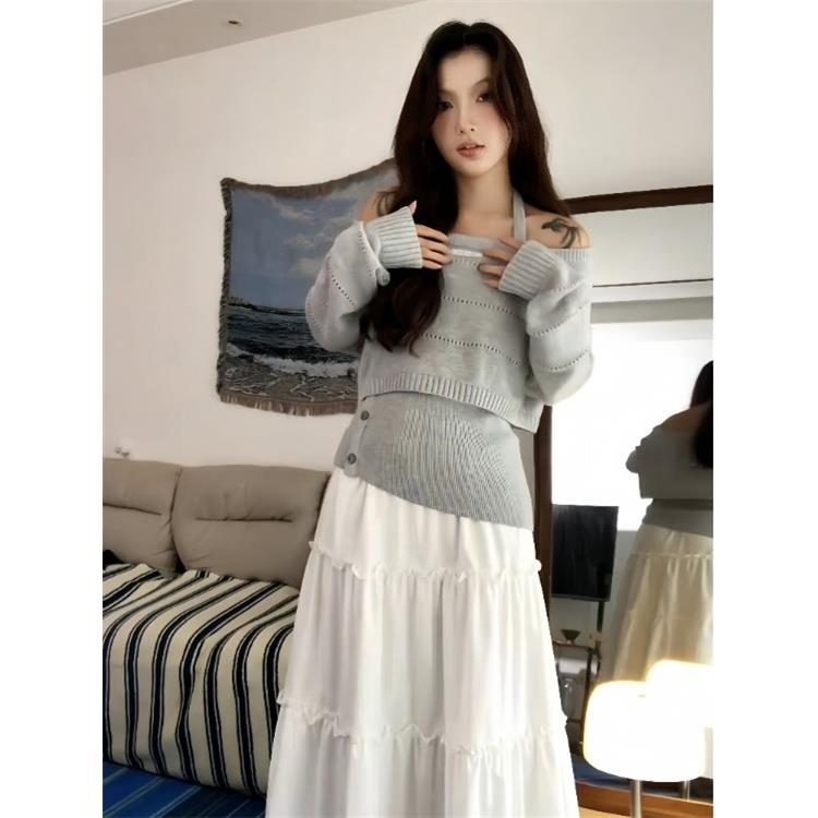 ROUMIKL松弛感慵懒风韩系穿搭套装裙女秋冬挂脖针织衫上衣背心半
