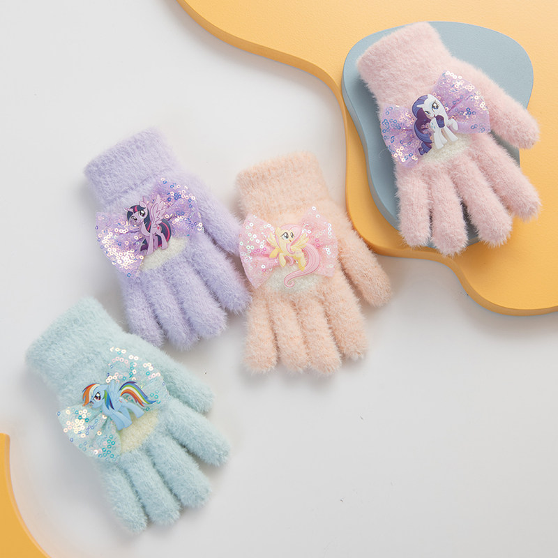 新款小马宝莉女孩五指手套女童云宝紫悦分指薄款冬季保暖透气公主