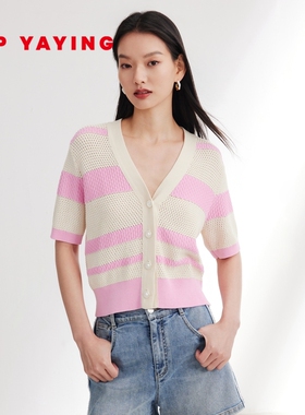 EP YAYING雅莹国风 V领撞色条纹短袖针织开衫 商场同款 9166A