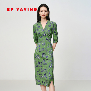 桑蚕丝复古印花V领优雅收腰连衣裙4632D 女装 EP雅莹2025春季 新款