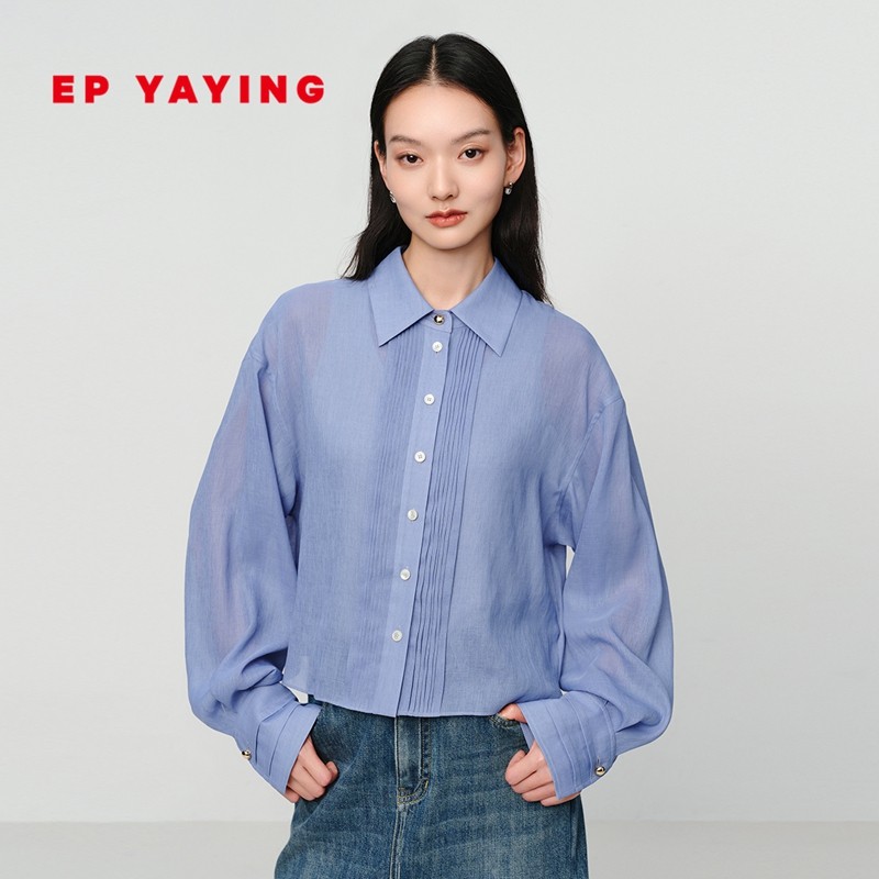EP雅莹 设计感压褶工艺蓝色宽松截短款衬衫 商场同款 2115B