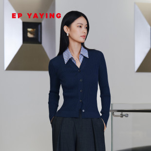 新款 针织开衫 女装 领修身 9101A 100%羊毛拼接棉衬衫 EP雅莹2026春季