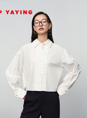 EP雅莹2025春季新款女装 职场气质翻领高支丝棉府绸白色衬衫2115A