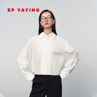 职场气质翻领高支丝棉府绸白色衬衫 女装 2115A 新款 EP雅莹2025春季