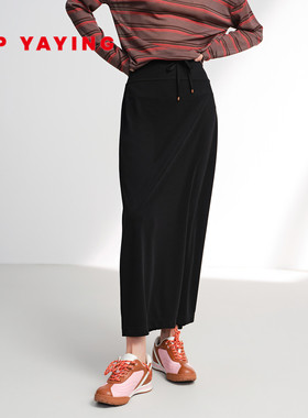 EP雅莹2026新款女装 高腰抽绳直筒裙 遮肉显瘦黑色半身裙3513A
