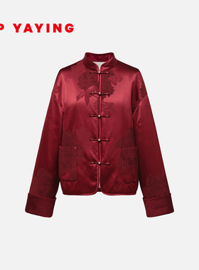 EP雅莹2025秋冬新款 桑蚕丝棉服国风新中式盘扣红色提花外套M115A
