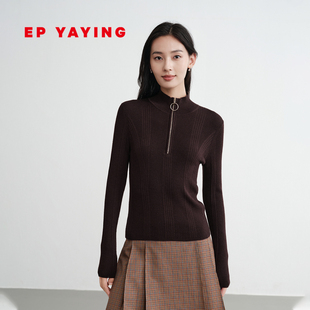 EP雅莹2025早秋新品 9583A 100绵羊毛设计感修身 半高领拉链针织衫