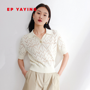 YAYING雅莹女装 新款 棉质POLO领镂空针织衫 2024春装 9525A 上衣