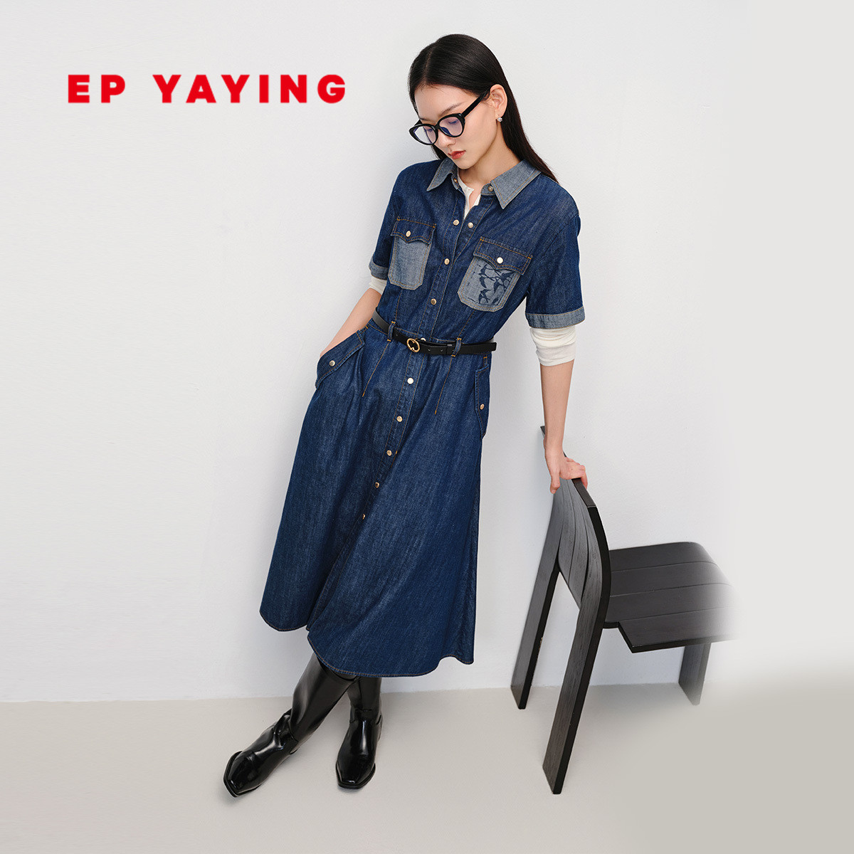 EP雅莹 时尚翻领短袖收腰土耳其牛仔连衣裙 商场同款 J401A