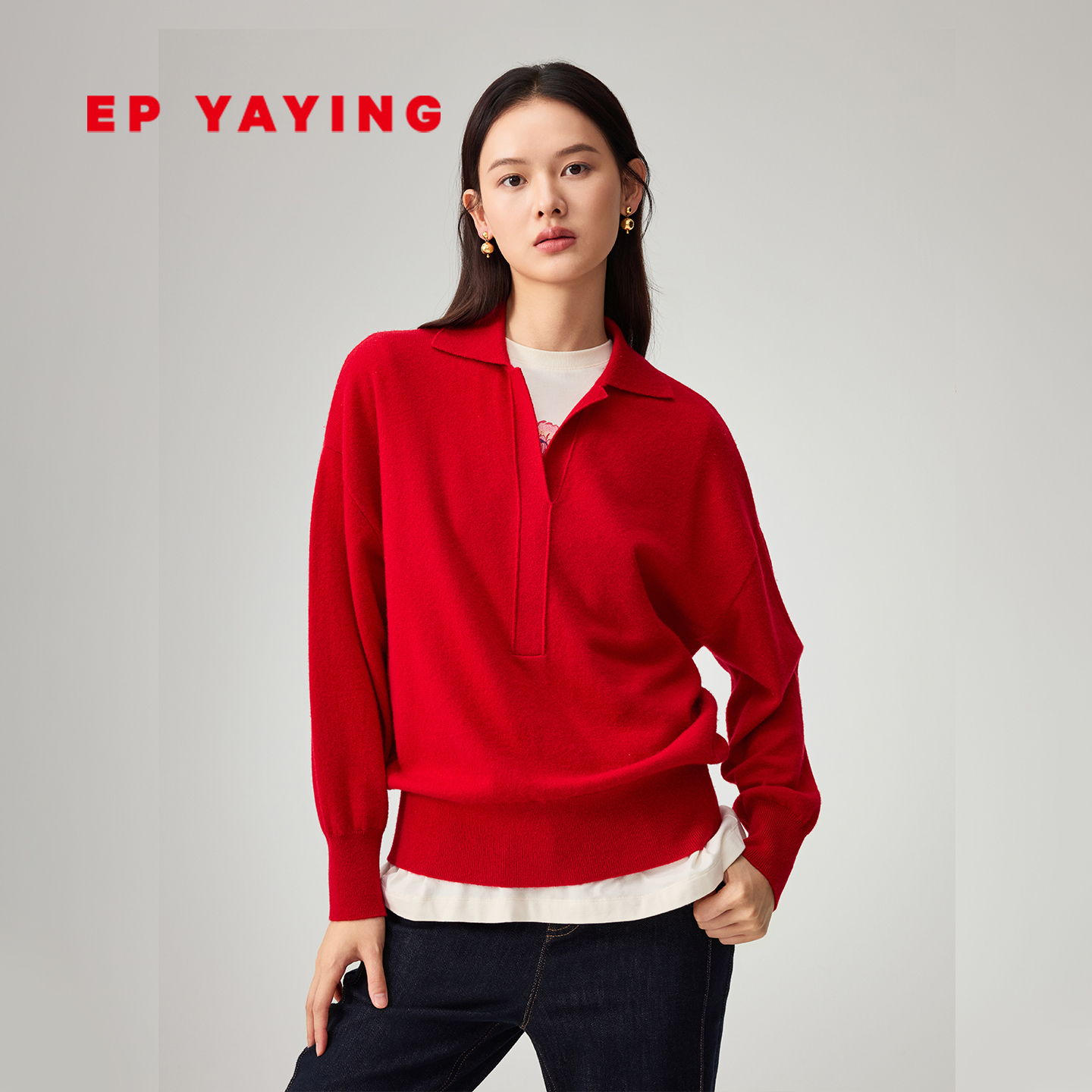 雅莹红色羊绒衫软糯针织衫毛衣