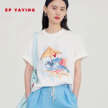 EP YAYING雅莹女装 纯棉印花oversizeT恤上衣 2024春装新款5323A