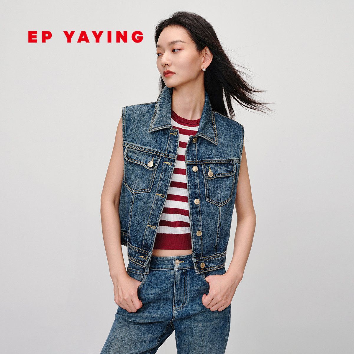 EP雅莹 长绒棉翻领复古水洗牛仔马甲外套 商场同款 J001A