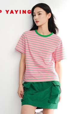 EP雅莹2026春装新款女装 时尚撞色条纹色织棉绒圆领短袖T恤5340B
