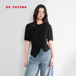 EP雅莹T恤女 温柔风满天星带钻扭结短袖瘦瘦衫 2026春夏新款5331A