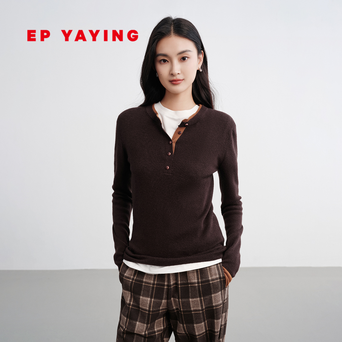 雅莹牦牛绒羊毛复古假两件针织衫