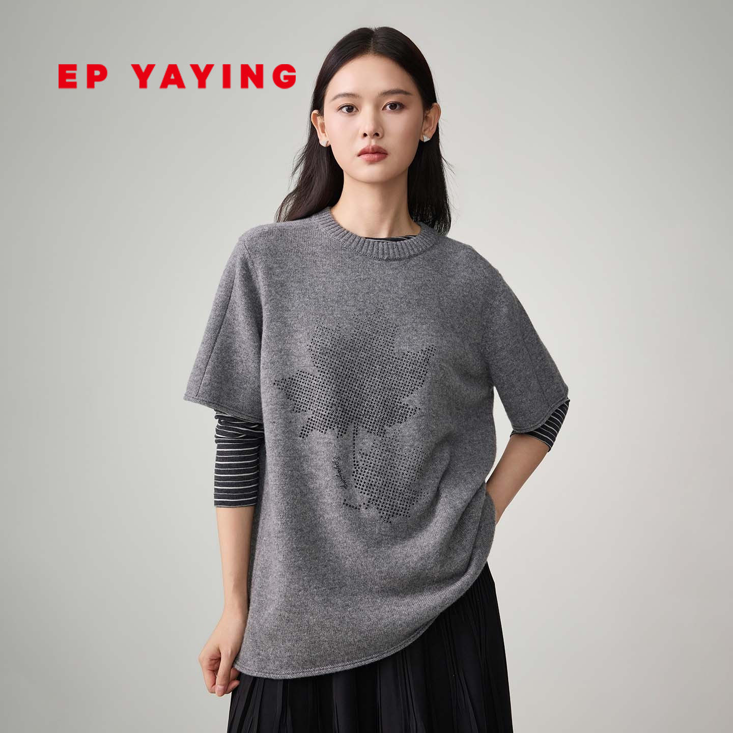 EP雅莹2026年春季新款女装 简约印花宽松短袖针织衫套头毛衣9585A,女装/女士精品,毛针织衫,淘宝优惠券,粉丝福利购,淘宝优惠卷