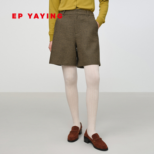 EP雅莹2025新款 6702A 复古松弛感宽松高腰羊毛千鸟格毛呢短裤