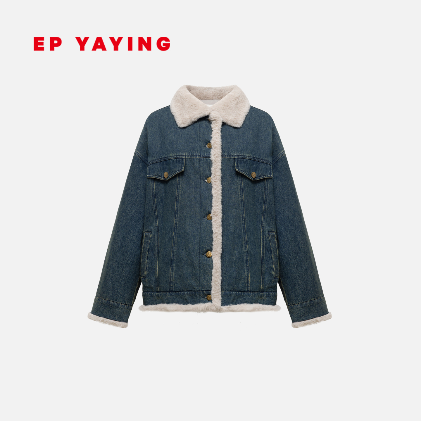 雅莹毛领拼接加厚牛仔外套棉服