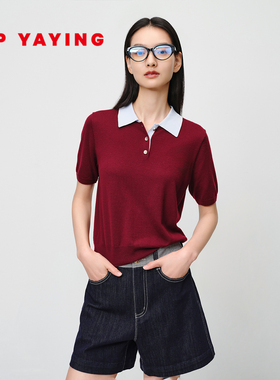 EP雅莹2025春季新款女装 红色polo羊绒衫羊毛短袖针织衫上衣9503A