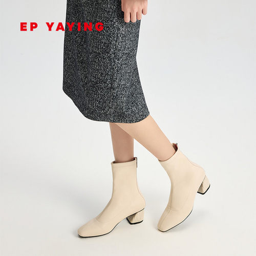 EP雅莹女鞋 弹力羊皮粗跟瘦瘦靴 优雅牡丹跟踝靴短靴 26新品XS01A