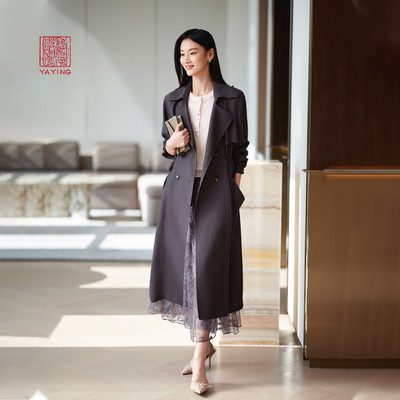 雅莹羊毛混纺长款连帽风衣外套