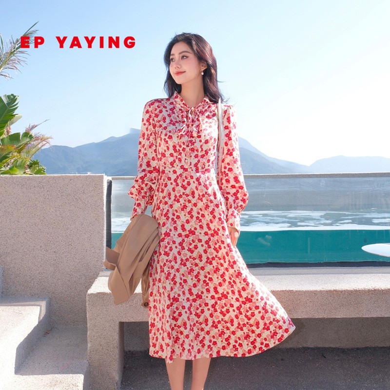 EP YAYING雅莹女装 真丝收腰泡泡袖印花连衣裙 2025新款4607A