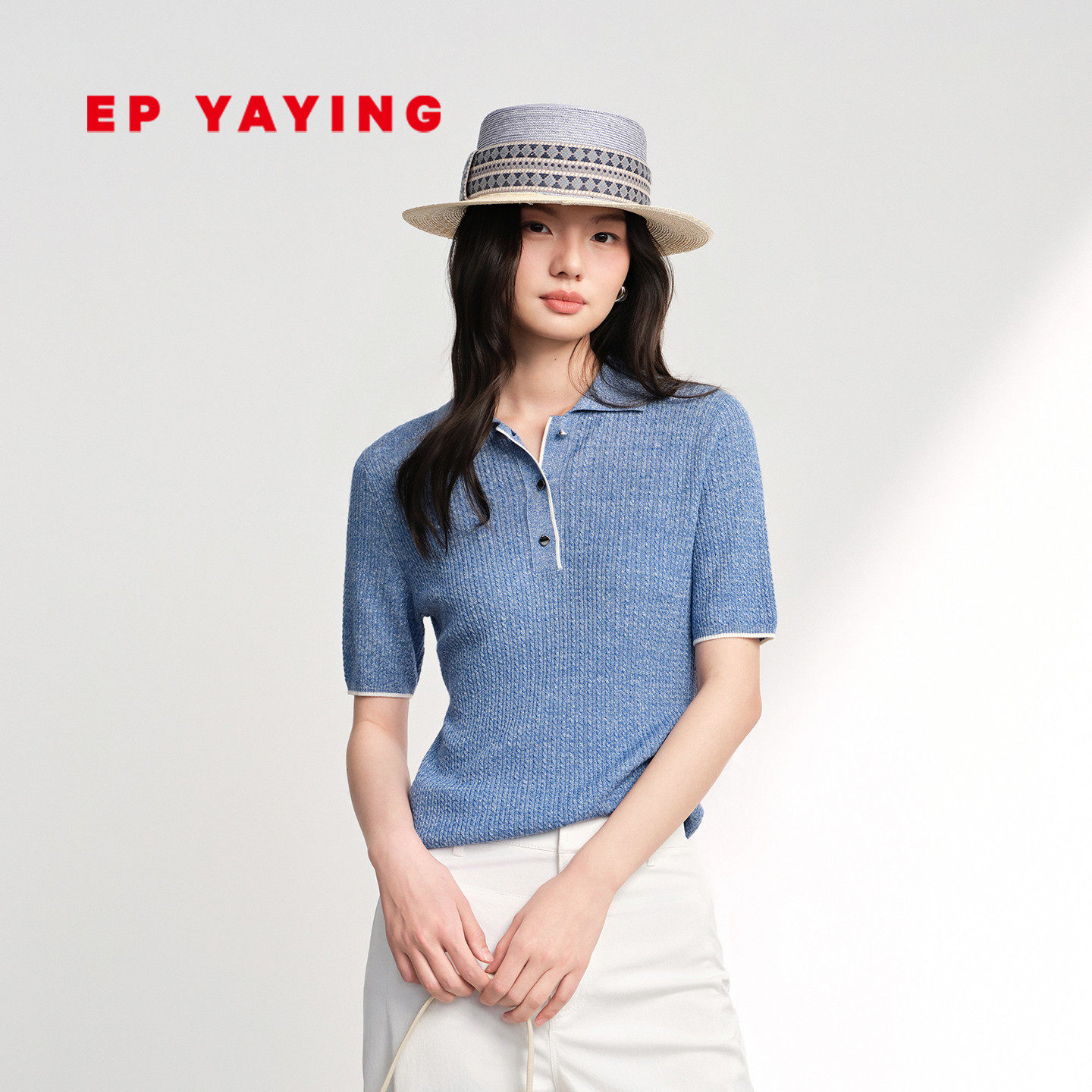EP雅莹Polo衫女 亚麻羊毛弹力针织肌理短袖 26春夏新款女装9552A