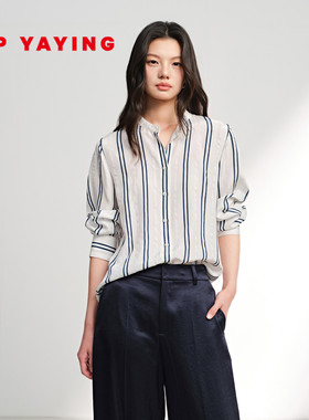 EP雅莹真丝衬衫女 条纹印花高智通勤白色上衣 2026春夏新款2203A
