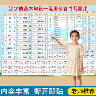 汉语笔画名称表墙贴 小学生常用偏旁部首贴纸 笔画顺序贴纸