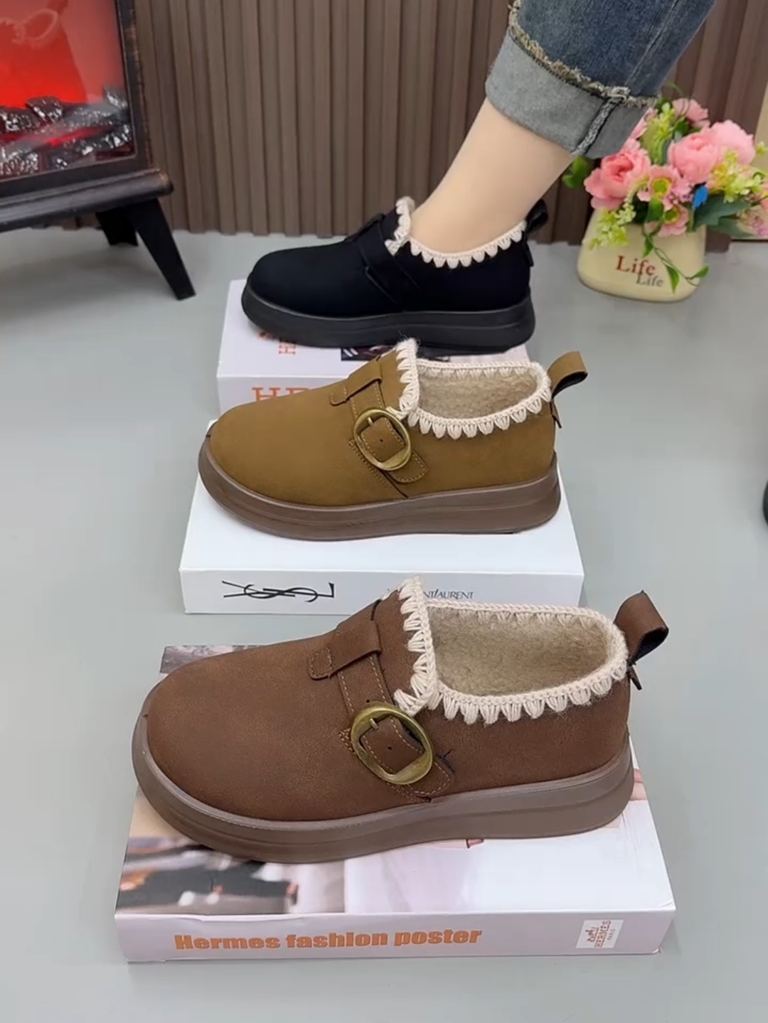 厚底加绒勃肯鞋女冬季新款加厚保暖雪地靴老北京棉鞋一脚蹬乐福鞋