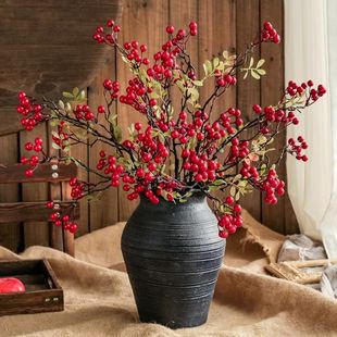 发财浆果冬青红果仿真花束假花客厅房间卧室装饰高档摆设拍照道具